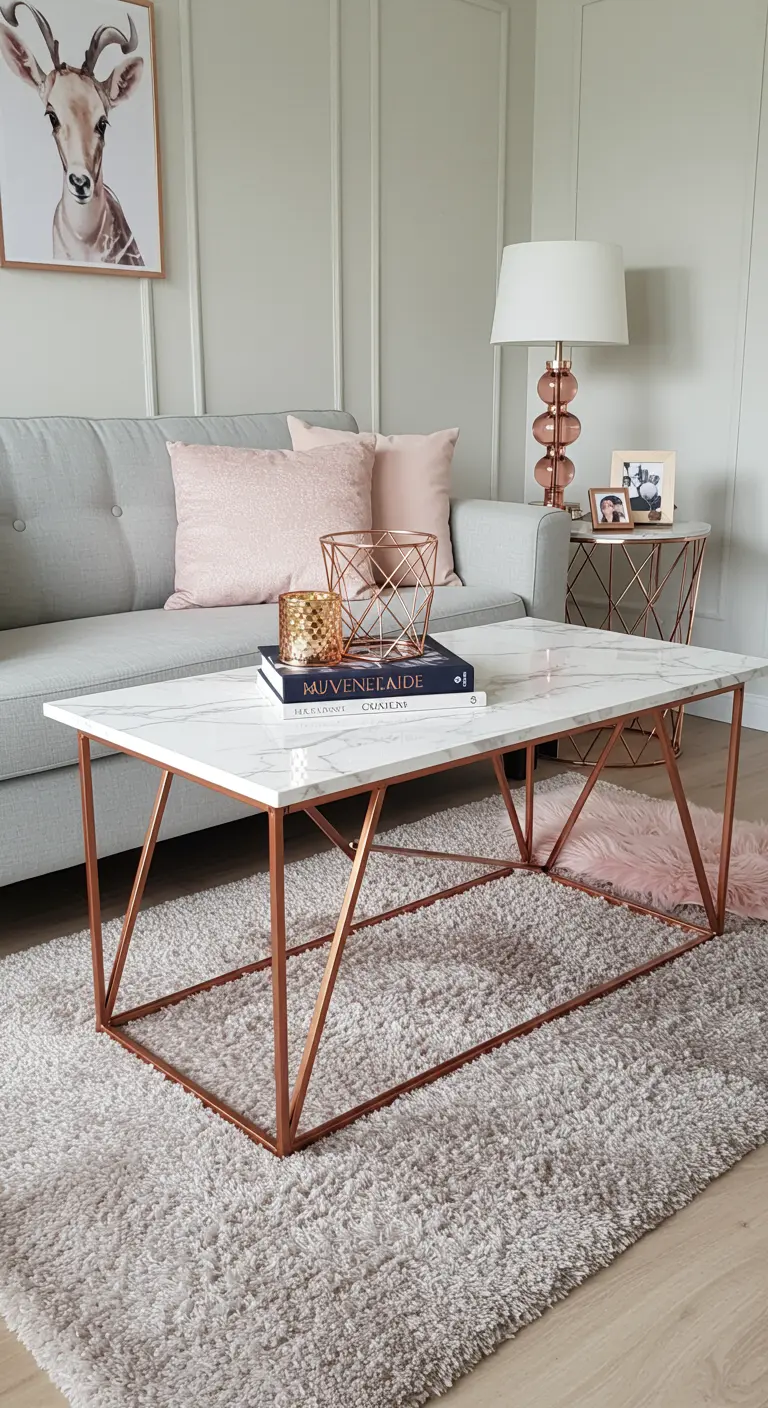 Elegante mesa de centro con superficie de falso mármol y una base geométrica de metal cobrizo.