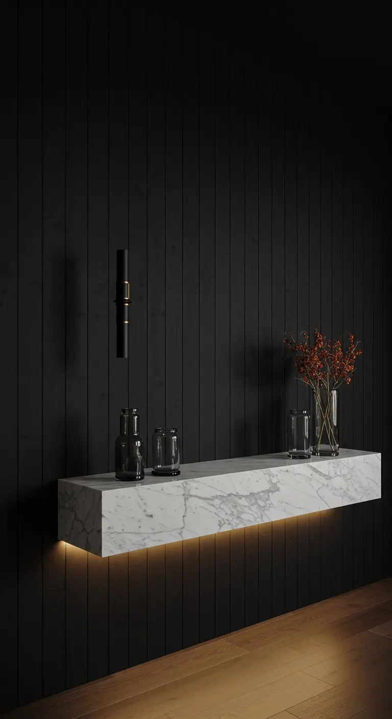 Estante flotante de mármol con luz LED inferior sobre una pared de listones negros.