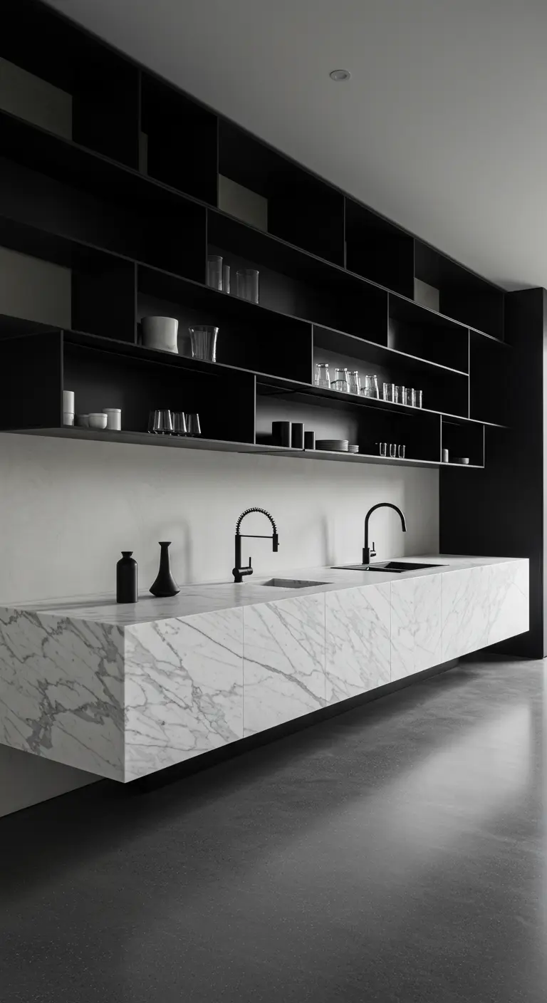 Cocina con una larga encimera flotante de mármol y estanterías negras asimétricas.