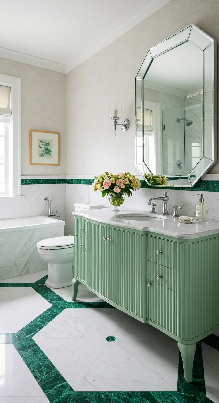 Baño de lujo con suelo de mármol blanco y verde y mueble acanalado.