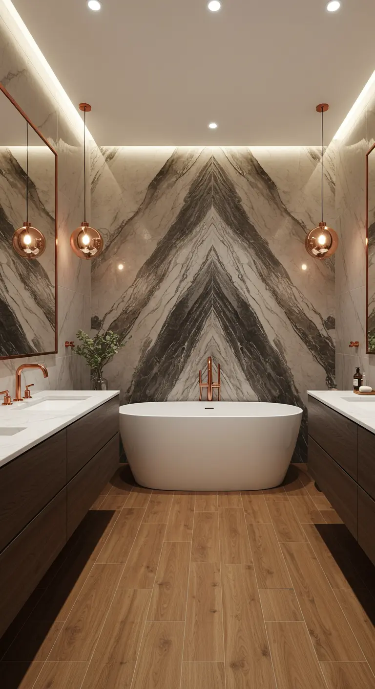 Baño de lujo con pared de mármol veteado, bañera exenta y grifería de cobre.