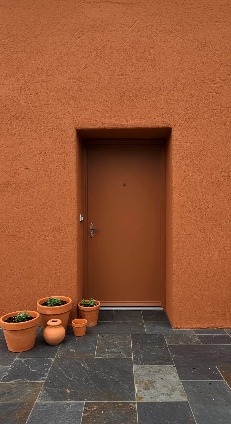 Porche minimalista con paredes y puerta en marrón chocolate y un grupo de macetas de terracota