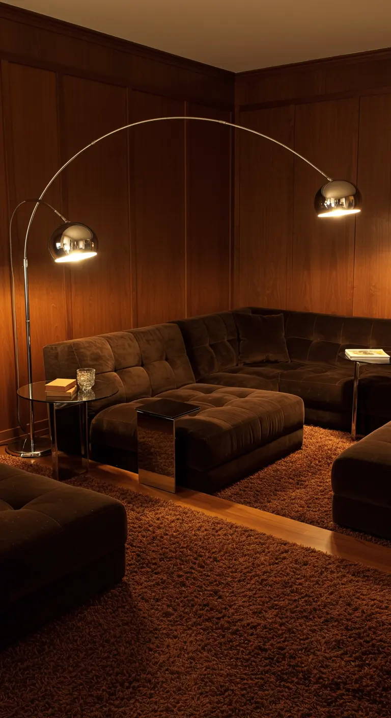 Sala de estar de inspiración años 70 en tonos marrón chocolate con sofá de pana y lámpara de arco.