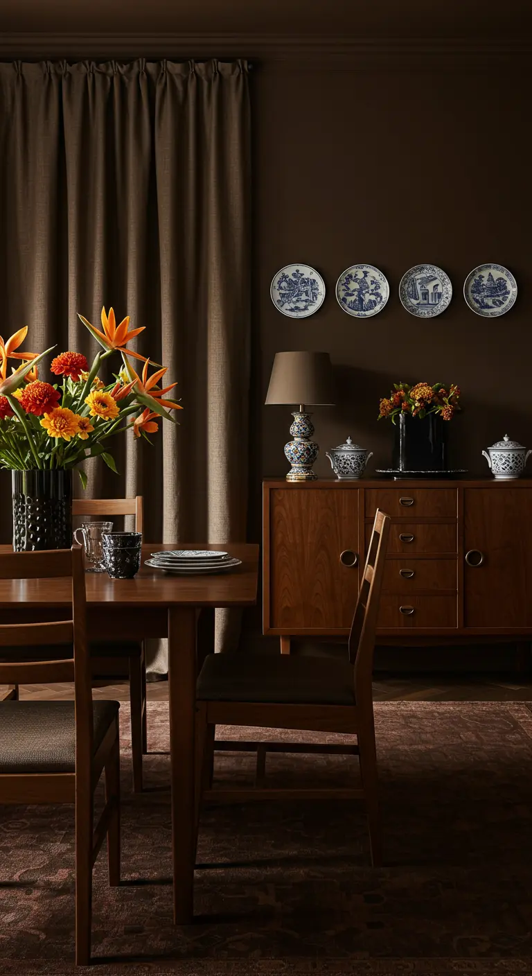 Comedor con paredes marrón oscuro, aparador de madera y una colección de porcelana azul y blanca.