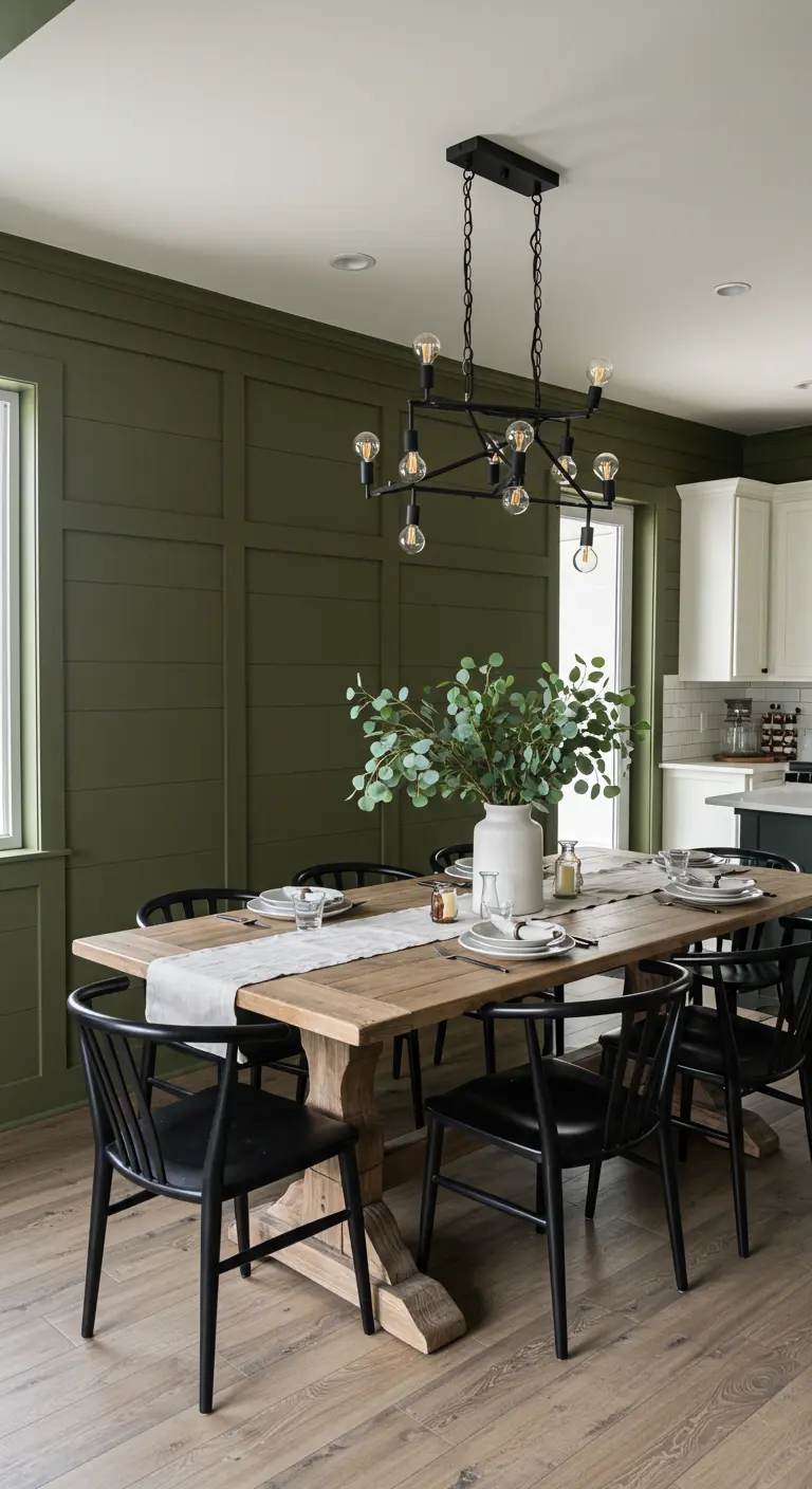 Comedor con pared de listones de madera pintada en verde oliva y mesa rústica.