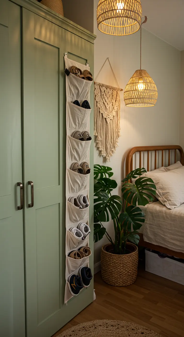 Organizador de zapatos de tela color crema colgado en la puerta de un armario verde.
