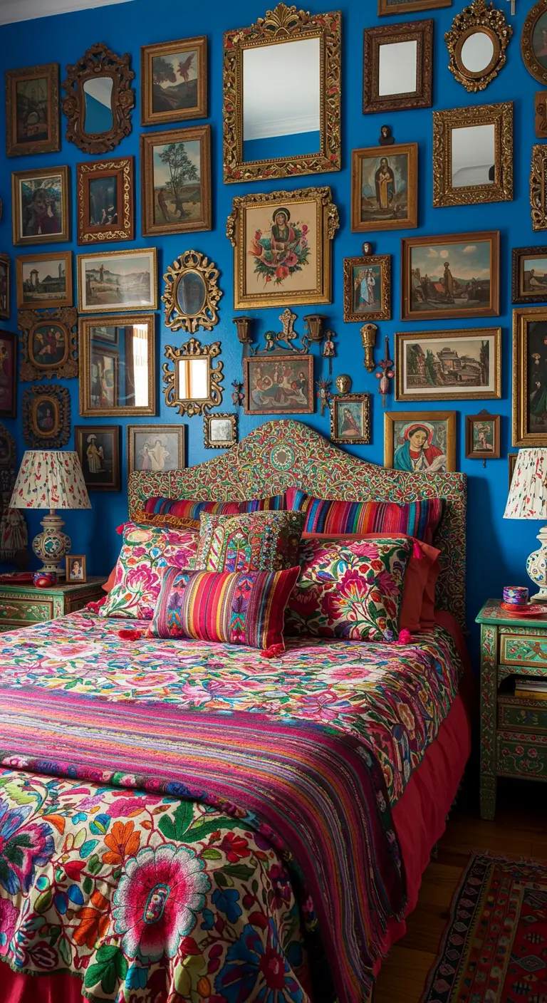 Dormitorio maximalista con paredes azules, una colección de cuadros y espejos, y textiles muy coloridos.