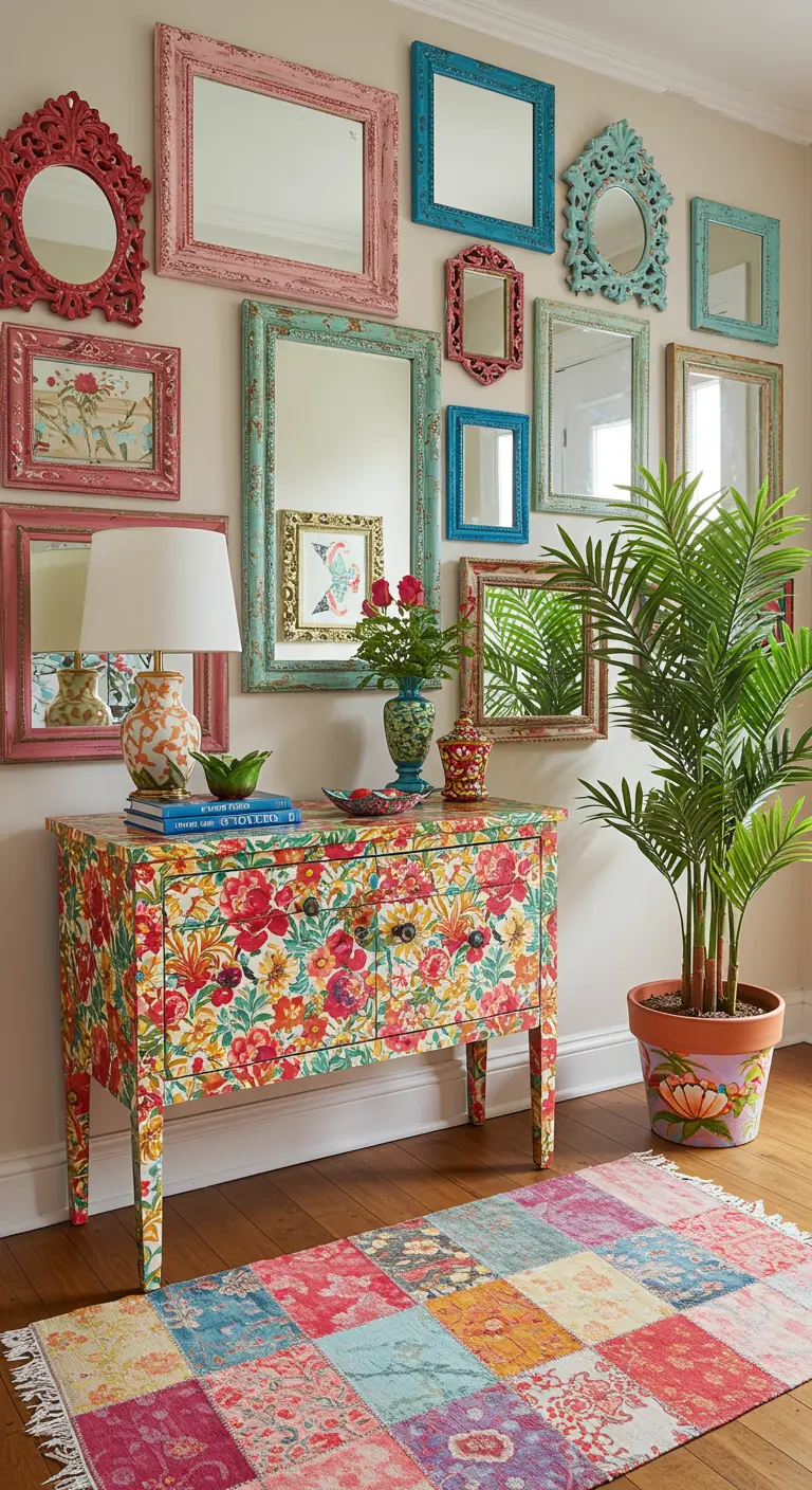 Recibidor bohemio maximalista con una cómoda de flores y una pared de espejos de colores.