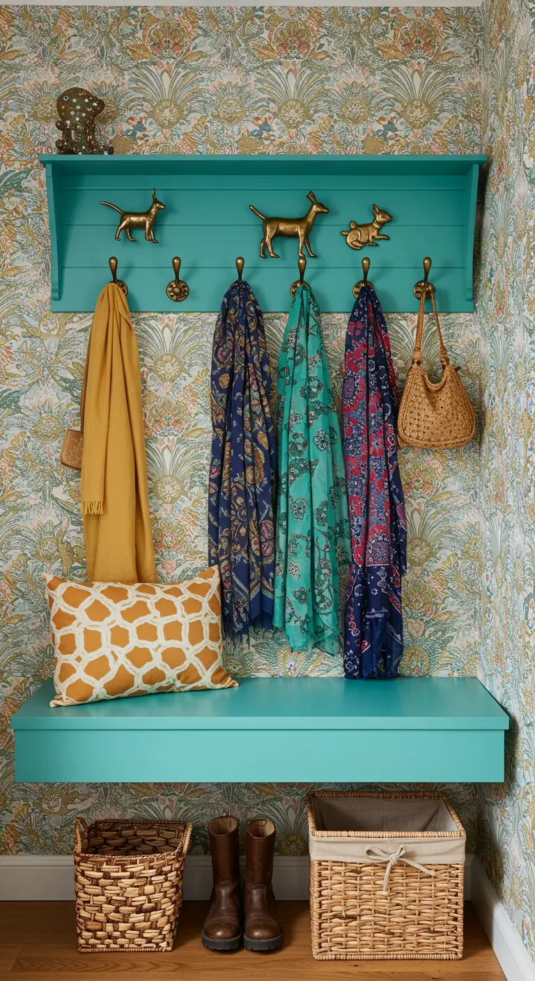 Entrada maximalista con papel pintado floral, muebles turquesa y ganchos dorados en forma de animal.