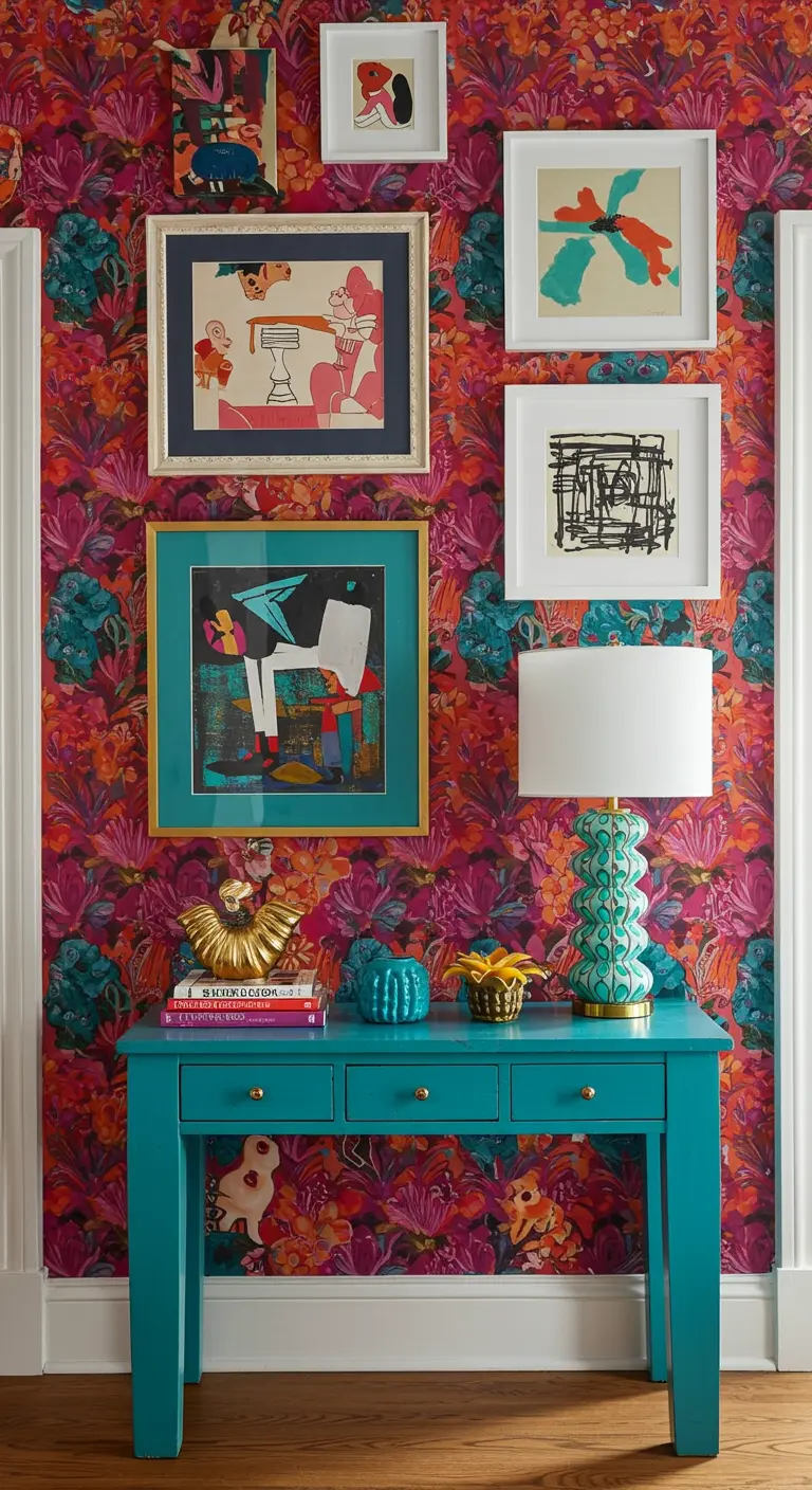 Recibidor maximalista con papel tapiz floral de colores intensos y una consola turquesa.