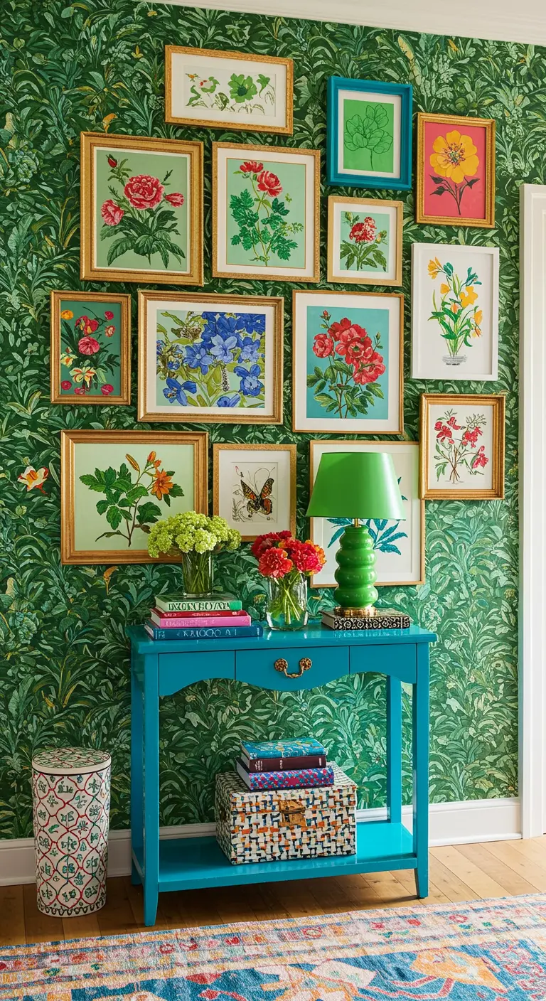 Pared maximalista con papel pintado floral y una galería de cuadros de flores sobre una consola azul