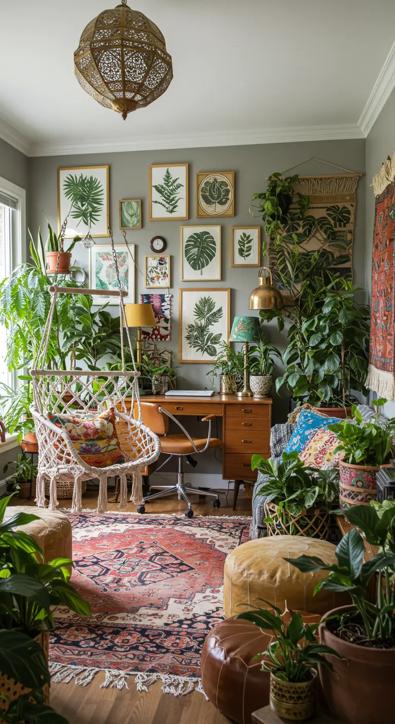 Oficina bohemia maximalista repleta de plantas, con una silla colgante de macramé y arte botánico.