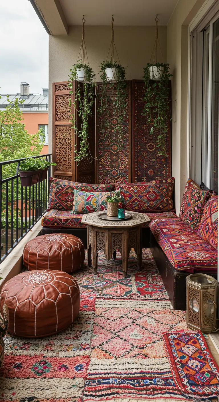 Balcón marroquí repleto de alfombras superpuestas, cojines estampados y pufs de cuero.