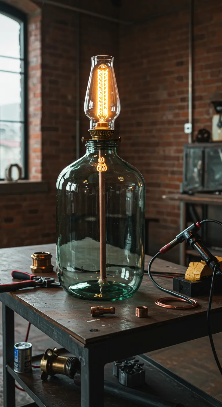 Una damajuana de vidrio verde convertida en una gran lámpara eléctrica de estilo industrial.