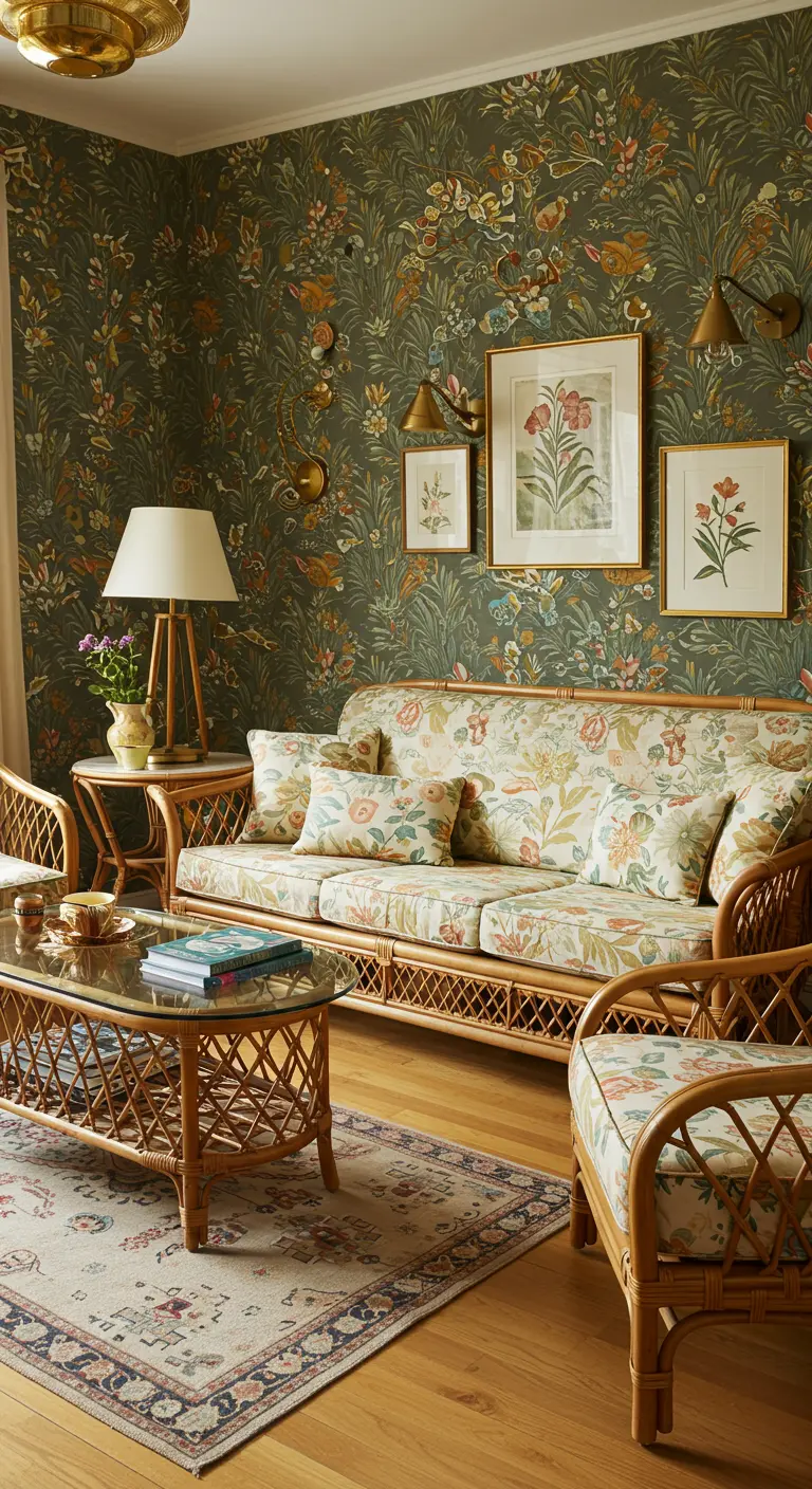 Sala maximalista con sofá y sillones de ratán, tapicería floral y papel pintado botánico.