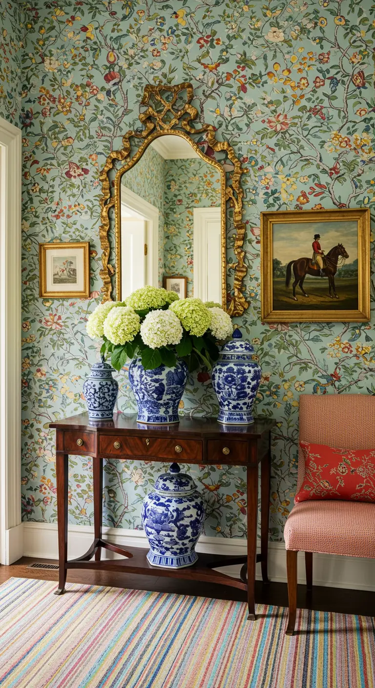 Recibidor maximalista con papel pintado floral, espejo dorado, jarrones chinos y alfombra de rayas.