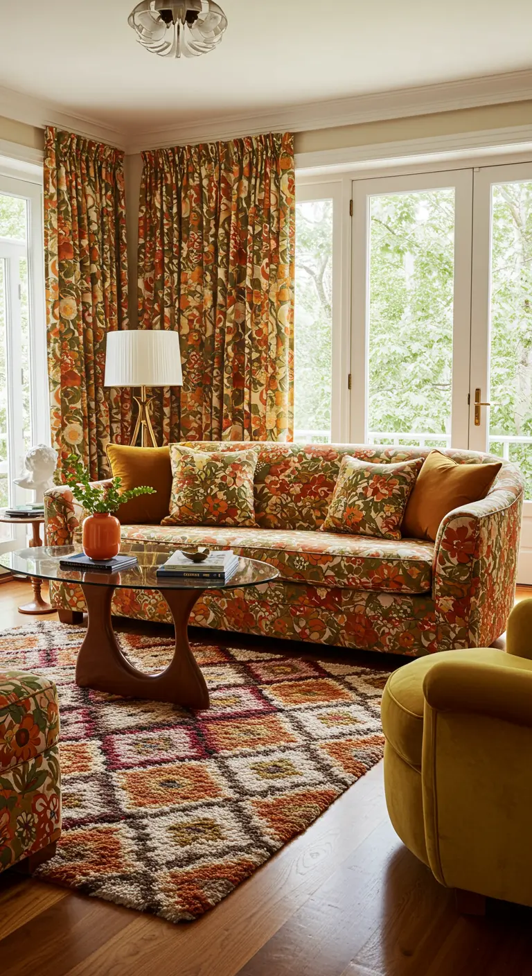 Sala con sofá y cortinas a juego con un estampado floral retro.