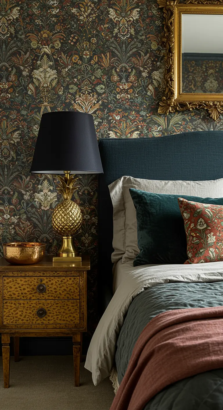 Lámpara de mesa con base de latón en forma de piña junto a una cama con papel pintado floral.
