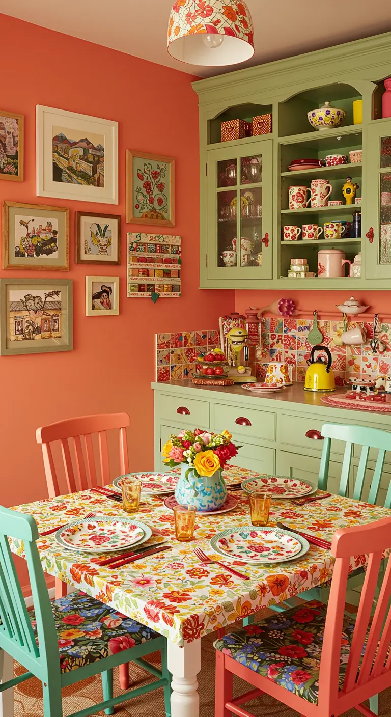 Cocina cottage maximalista con paredes coral, muebles verdes y una explosión de estampados.