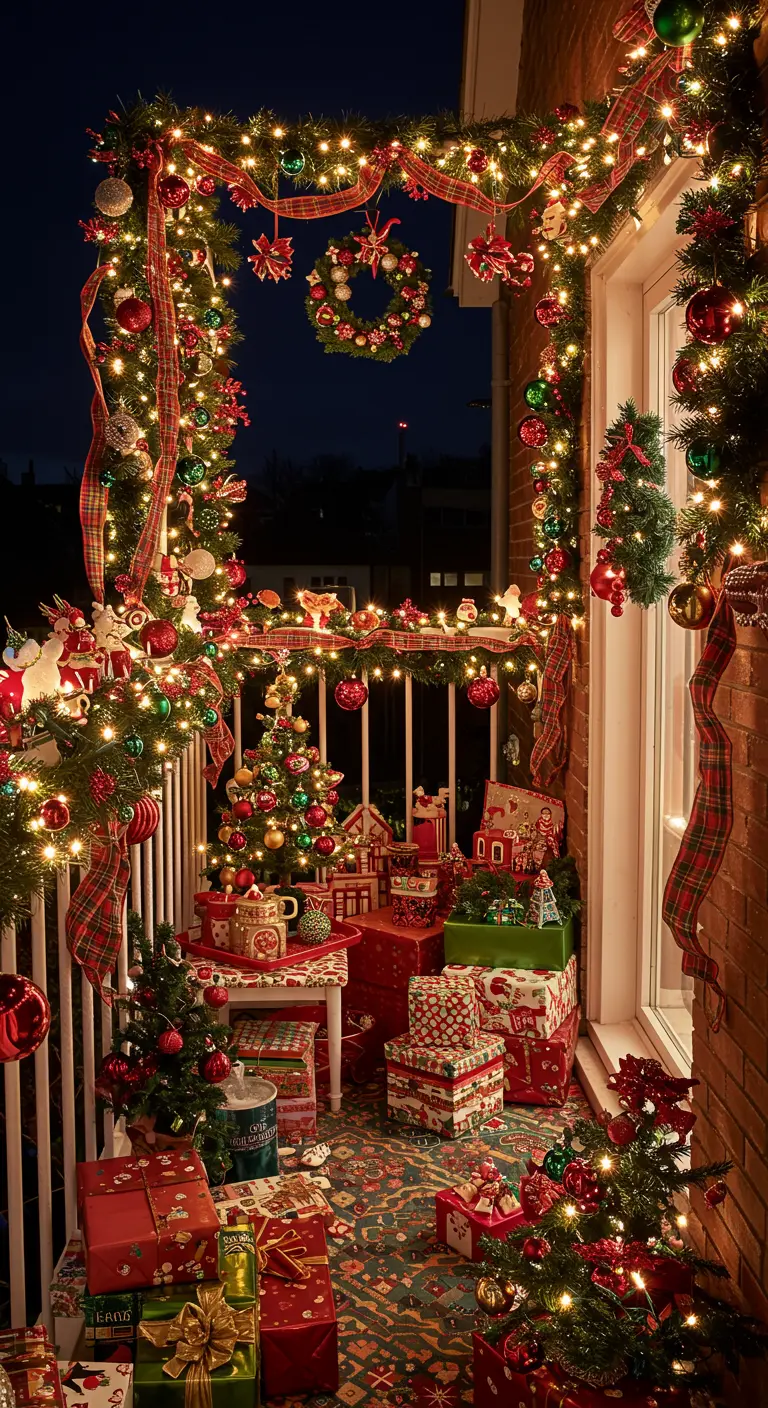 Balcón pequeño abarrotado de decoración navideña, regalos, luces y adornos de colores.