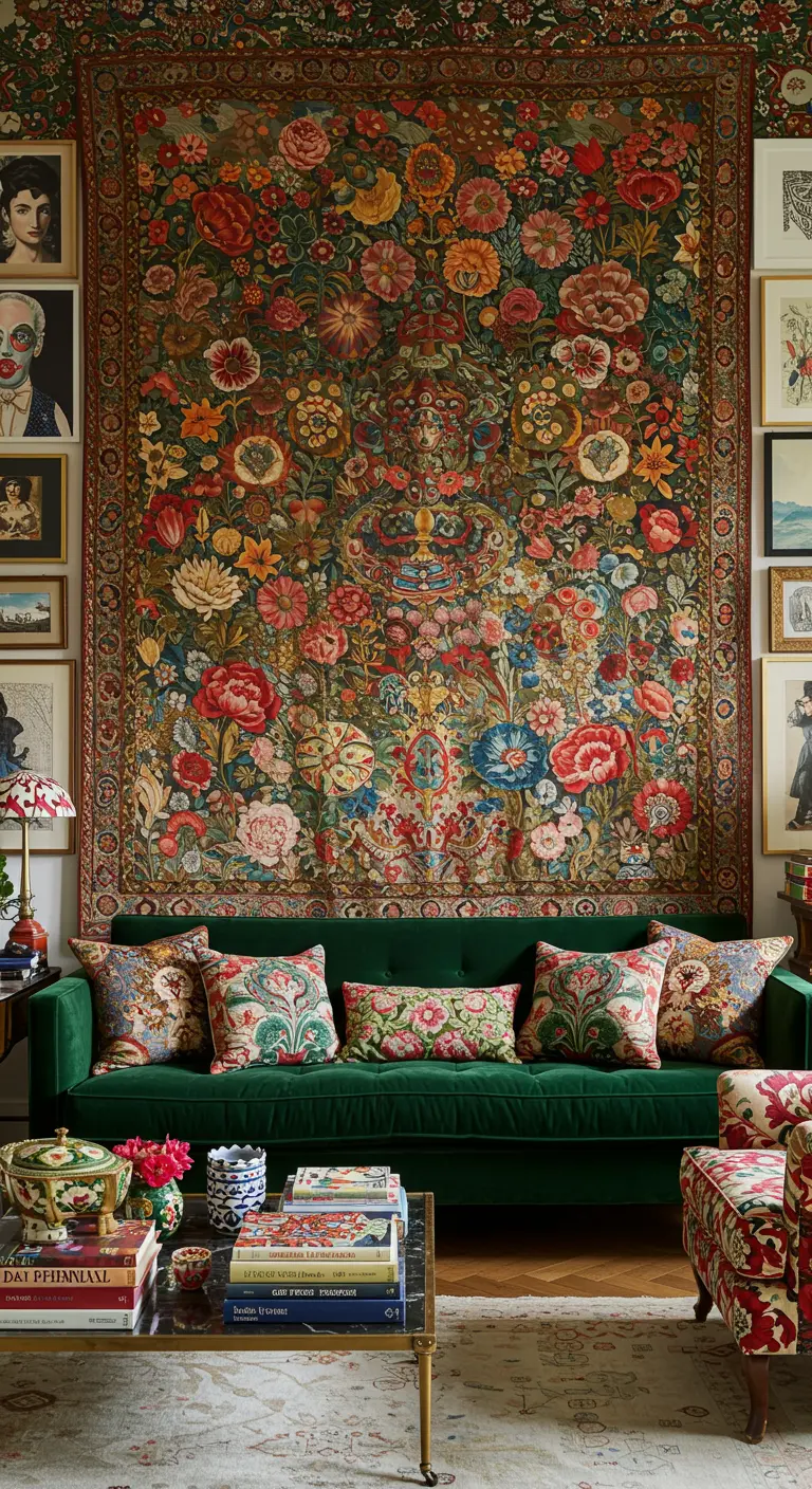 Sala de estar maximalista con un enorme tapiz floral que cubre toda la pared tras un sofá verde.