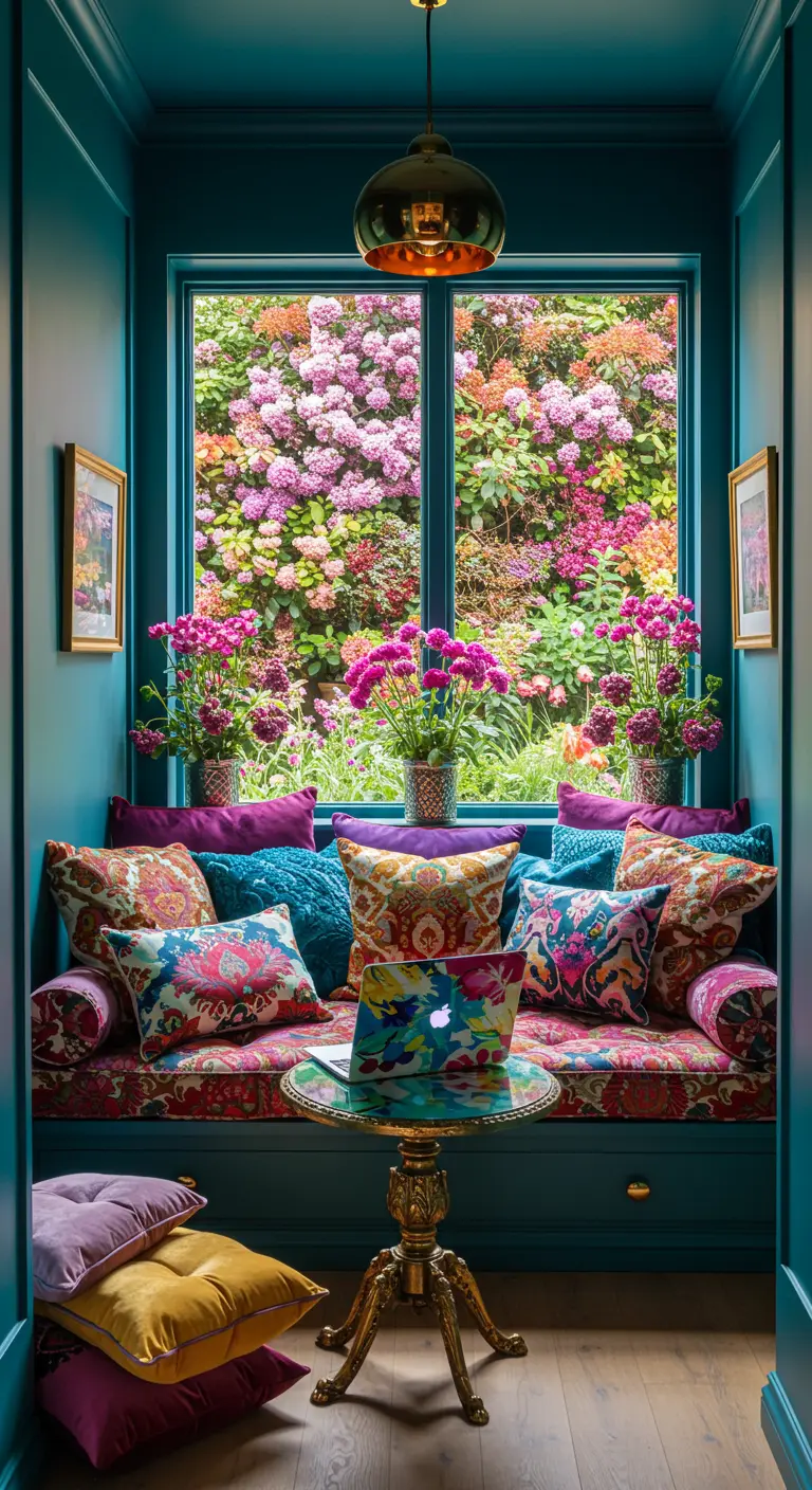 Rincón de trabajo maximalista pintado de azul verdoso con cojines coloridos y vistas a un jardín floral.