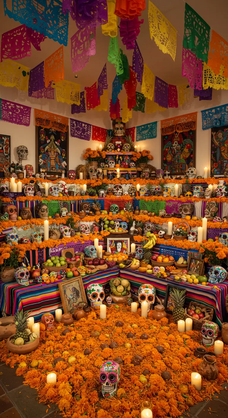 Habitación con un altar de muertos maximalista, repleto de flores, frutas, calaveras y papel picado.