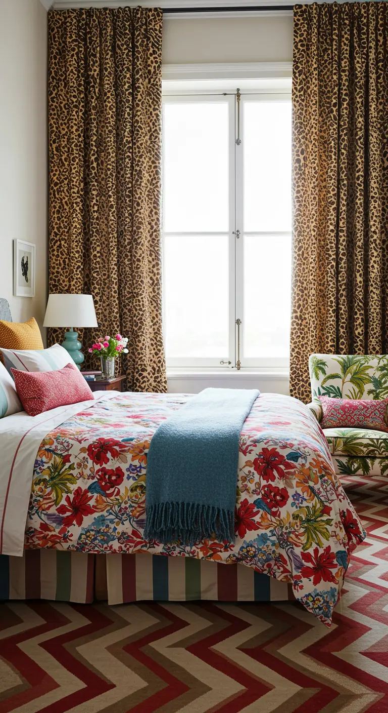 Dormitorio maximalista con mezcla de estampados: leopardo, flores, rayas y zigzag.