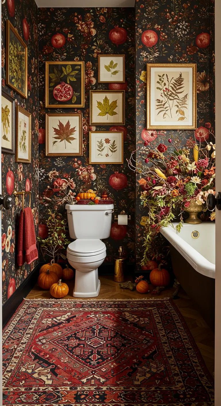 Baño maximalista con papel pintado floral oscuro, calabazas y láminas botánicas enmarcadas.