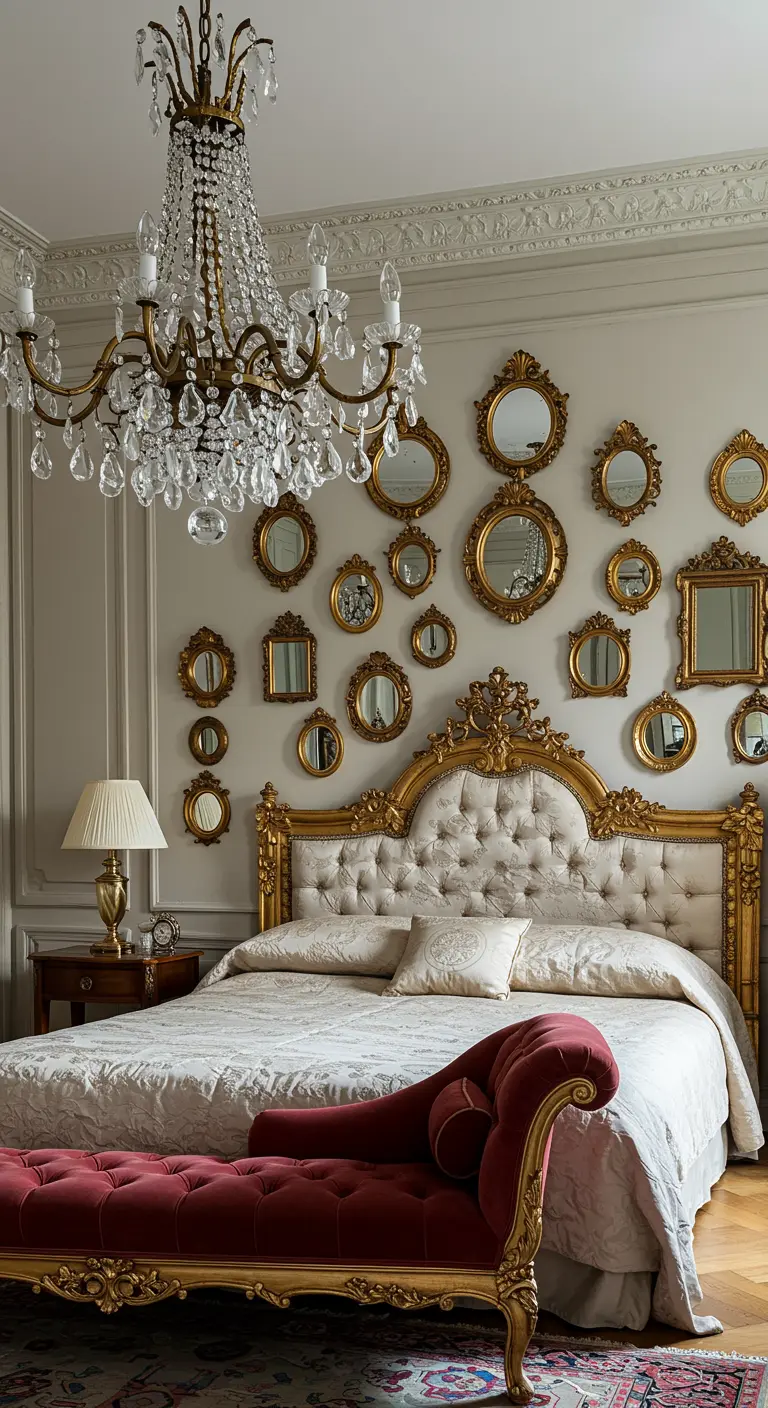 Dormitorio maximalista con cama dorada ornamentada, pared de espejos pequeños y lámpara de araña de cristal