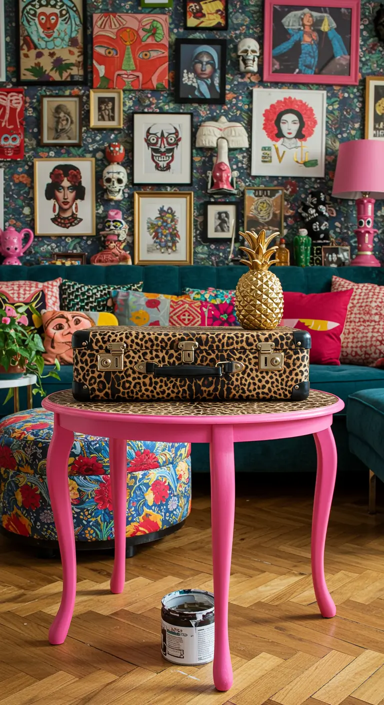 Maleta con estampado de leopardo sobre una mesa rosa fucsia en una sala ecléctica y colorida.