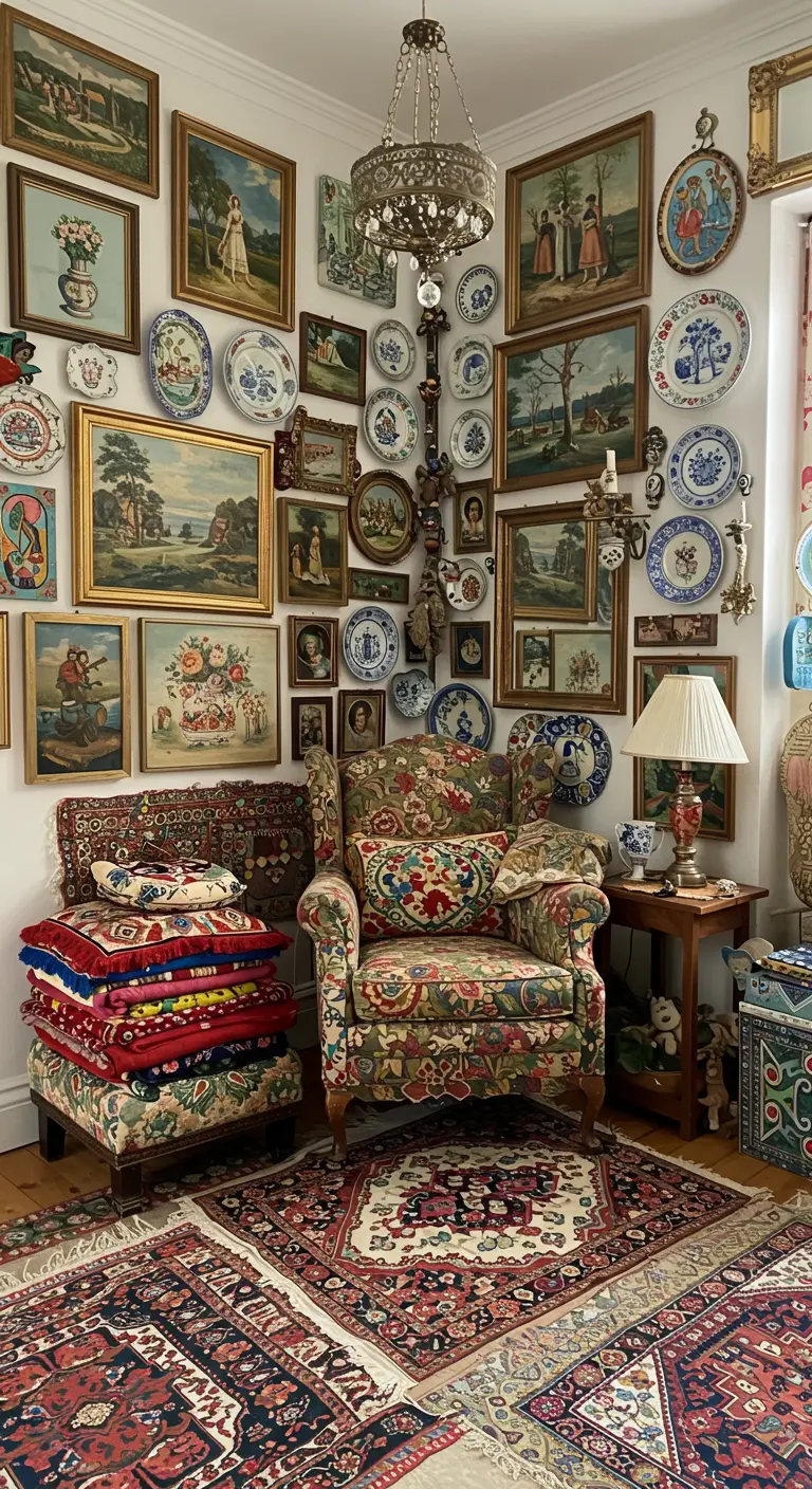Rincón maximalista lleno de cuadros, platos decorativos, un sillón estampado y cojines coloridos