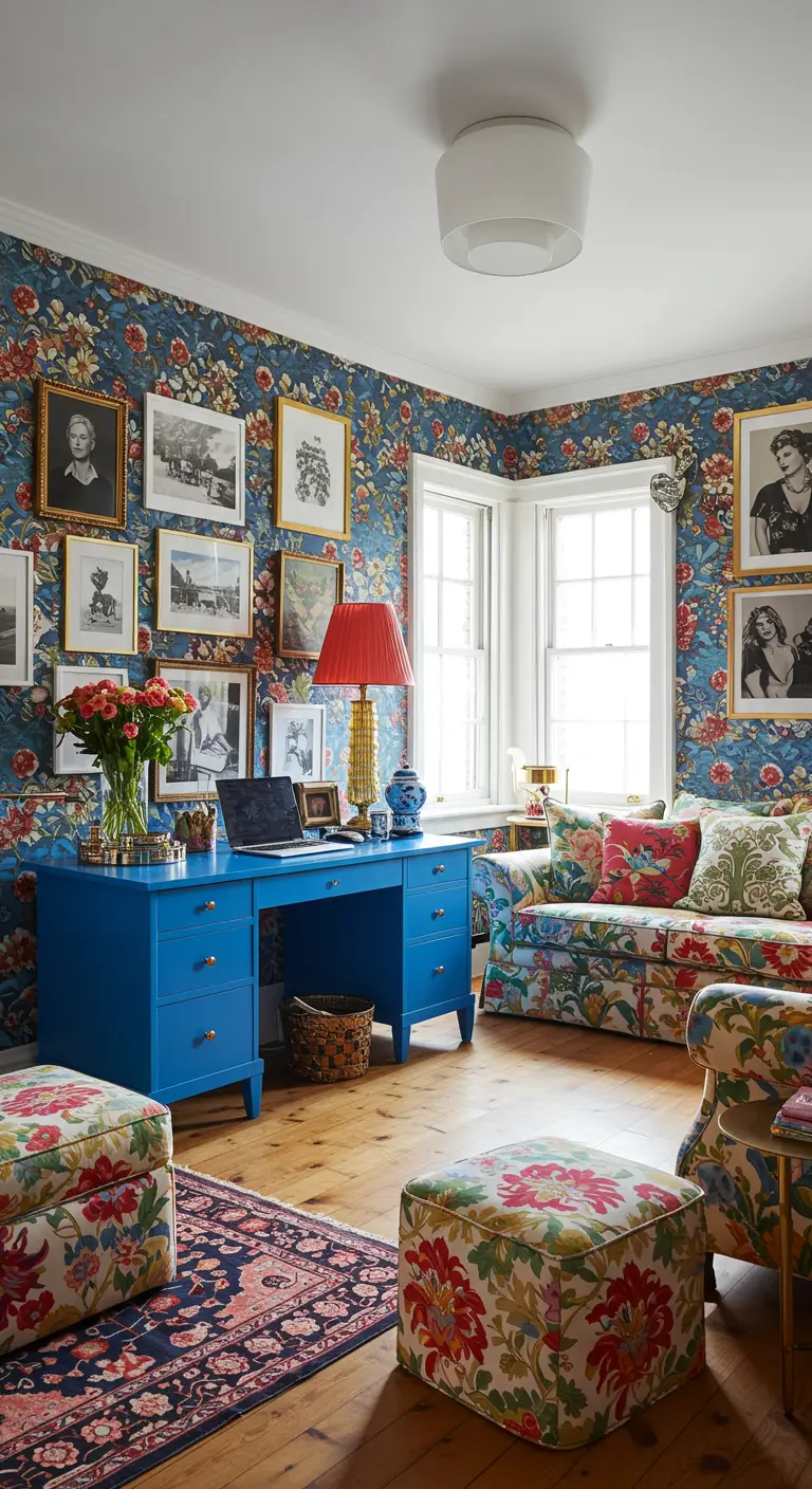 Escritorio azul vibrante en una sala maximalista con papel pintado floral y muchos cuadros.
