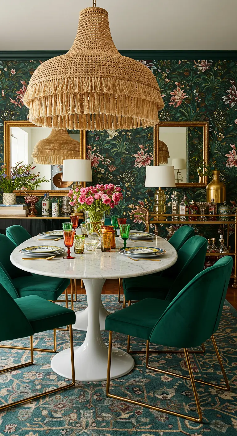 Comedor maximalista con papel tapiz floral, sillas de terciopelo verde y lámpara con flecos.