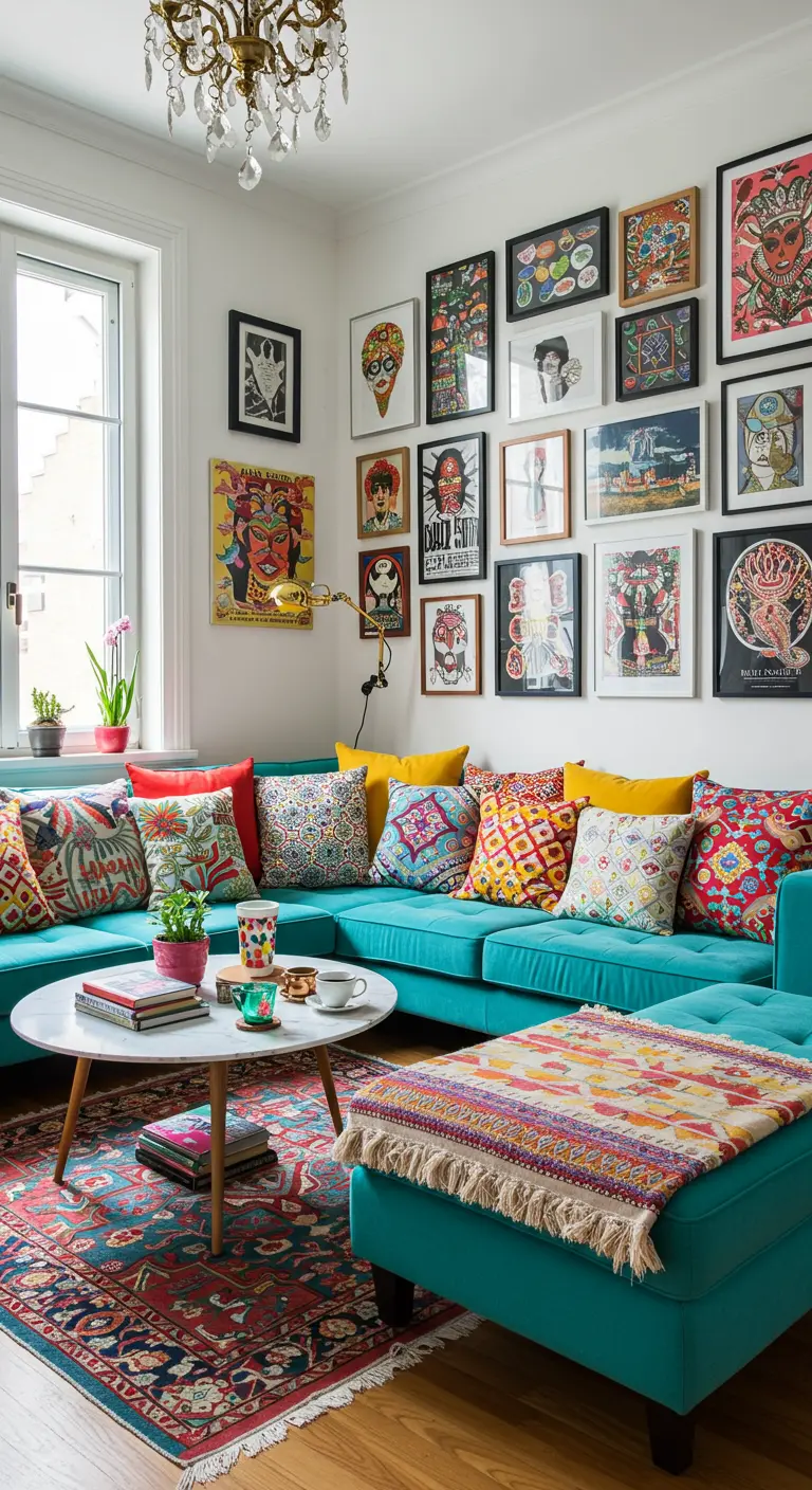 Sofá seccional turquesa vibrante en un salón ecléctico con una pared llena de cuadros de colores.