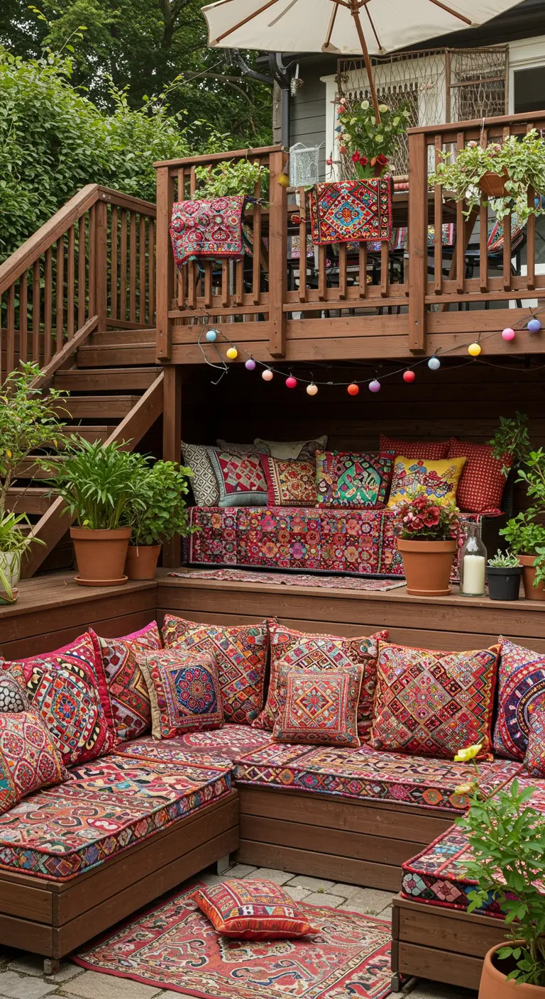 Terraza de madera de varios niveles repleta de cojines y textiles étnicos de múltiples colores.