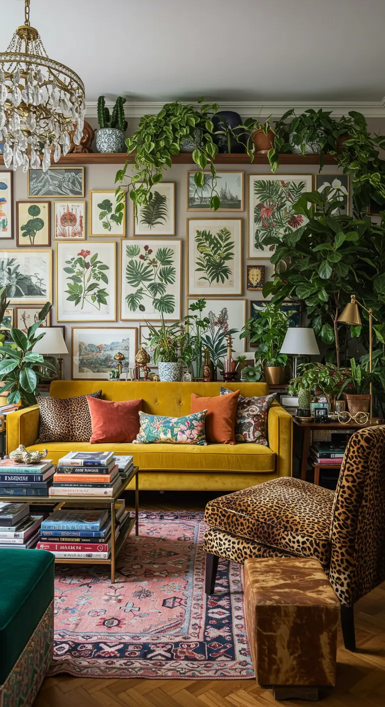 Sala ecléctica con sofá amarillo, pared de cuadros botánicos y silla de leopardo.