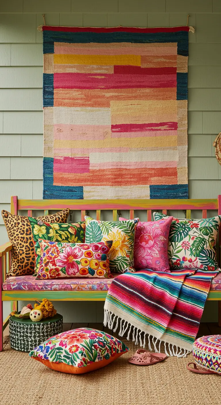 Banco de porche lleno de cojines con estampados florales, de leopardo y tropicales muy coloridos.