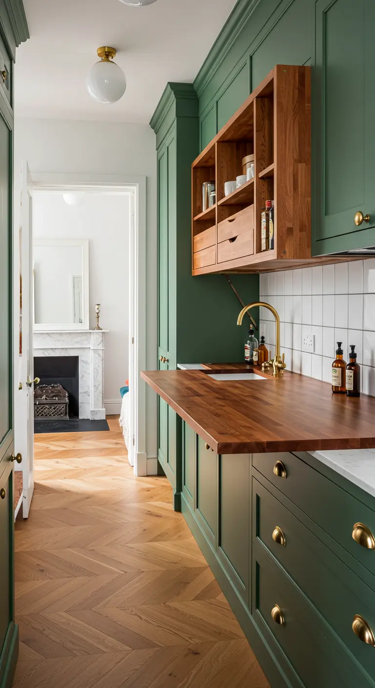 Encimera de madera abatible en una cocina estrecha con gabinetes de color verde oscuro.