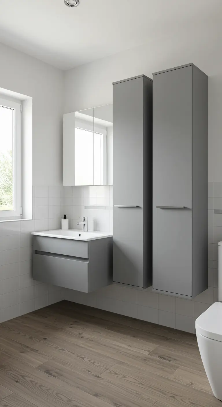 Baño moderno con lavabo flotante y dos armarios columna flotantes en color gris.