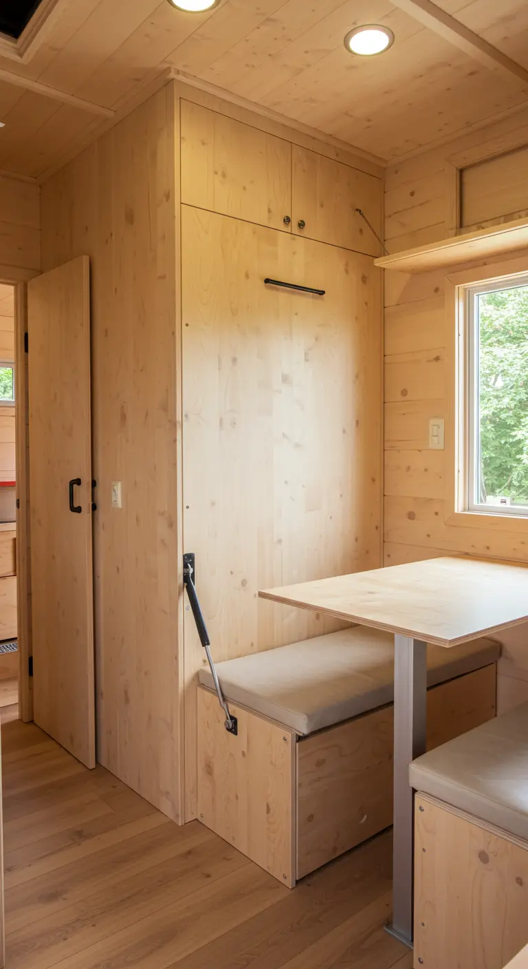 Cama abatible en una mini casa que se convierte en una zona de comedor con bancos.