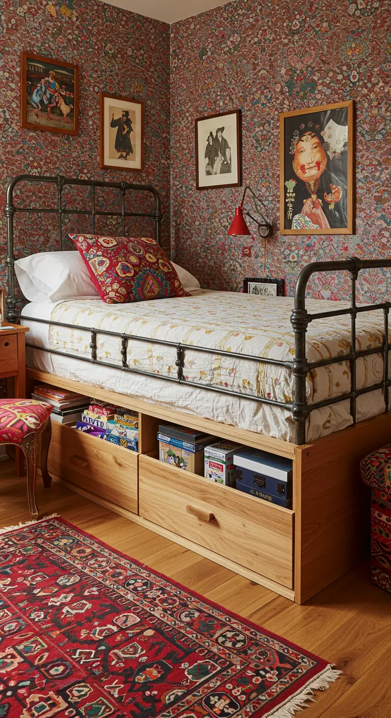 Cama de metal en una habitación ecléctica con papel pintado floral y cajones de madera para guardar cajas.