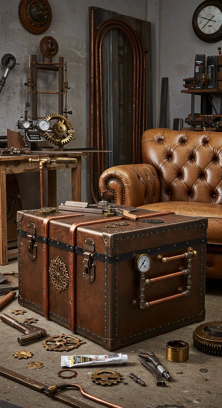 Baúl metálico marrón con correas de cuero y detalles steampunk como engranajes y tuberías de cobre.