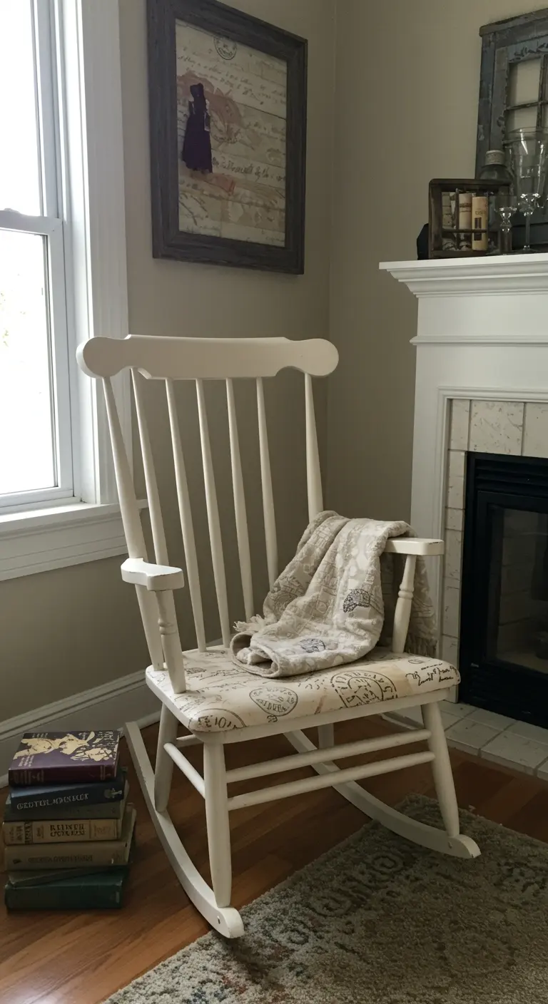 Mecedora de madera pintada de blanco con el asiento tapizado con una tela o papel con un patrón de sellos y postales antiguas.