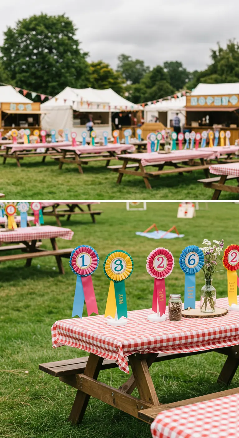 Números de mesa con forma de escarapelas de colores en una mesa de picnic.
