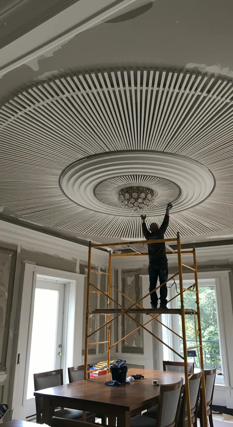 Impresionante medallón de techo hecho con lamas blancas dispuestas en círculos concéntricos