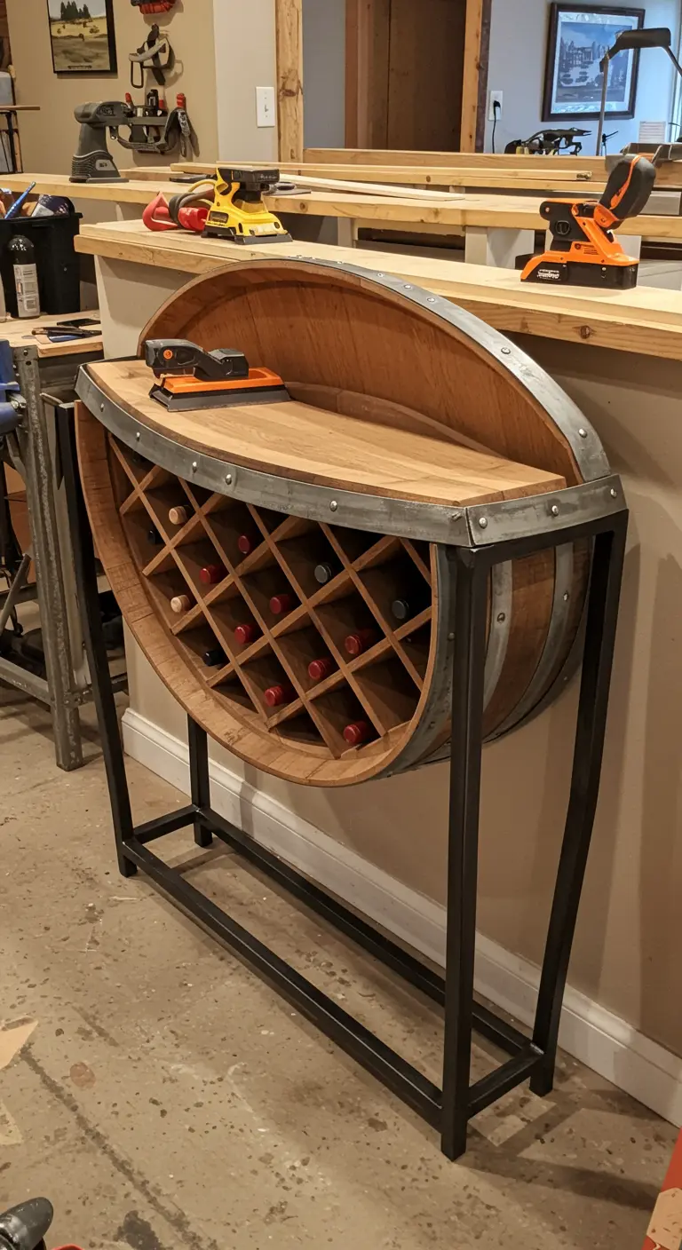 Mueble bar hecho con media barrica de vino, con botellero interior y estructura de metal.