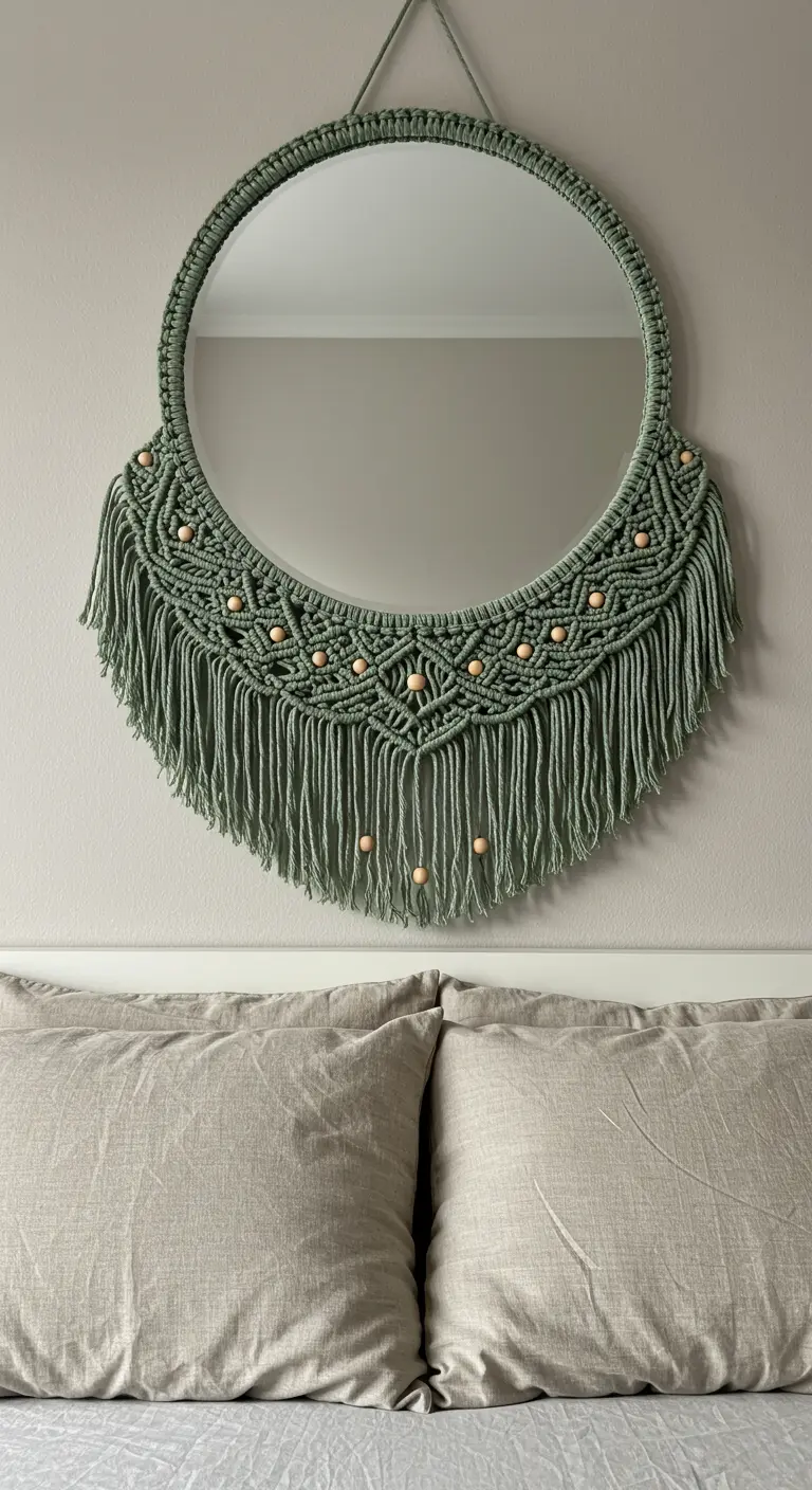 Espejo de macramé con diseño de media luna en verde salvia y cuentas de madera.