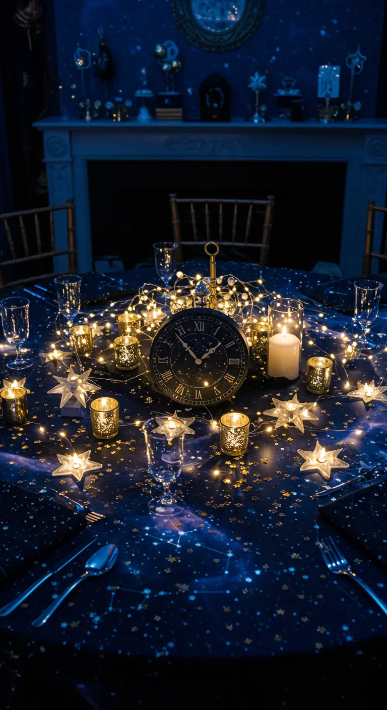 Mesa con temática celestial, mantel de estrellas, un reloj negro y luces de hadas.