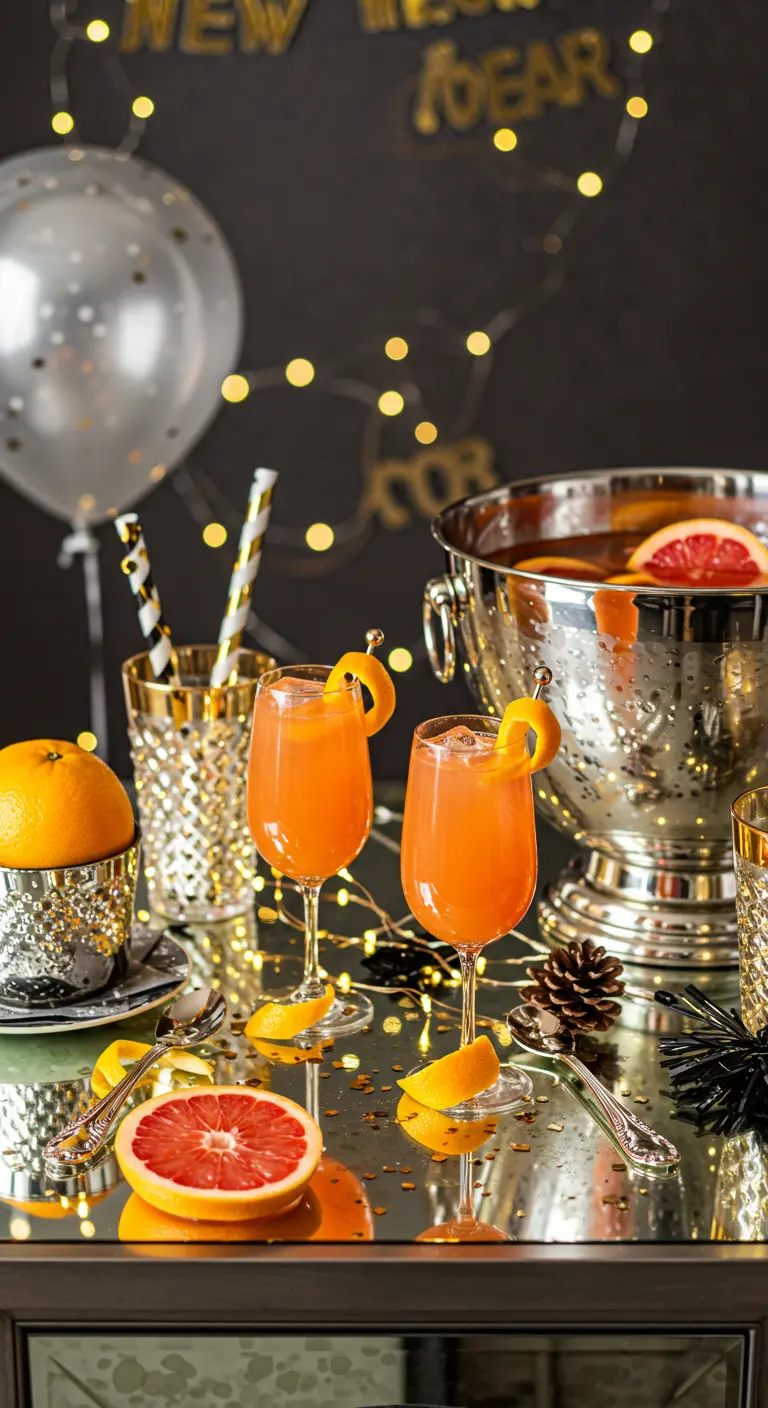 Elegante ponche de pomelo en una mesa de espejo para una fiesta de Año Nuevo.